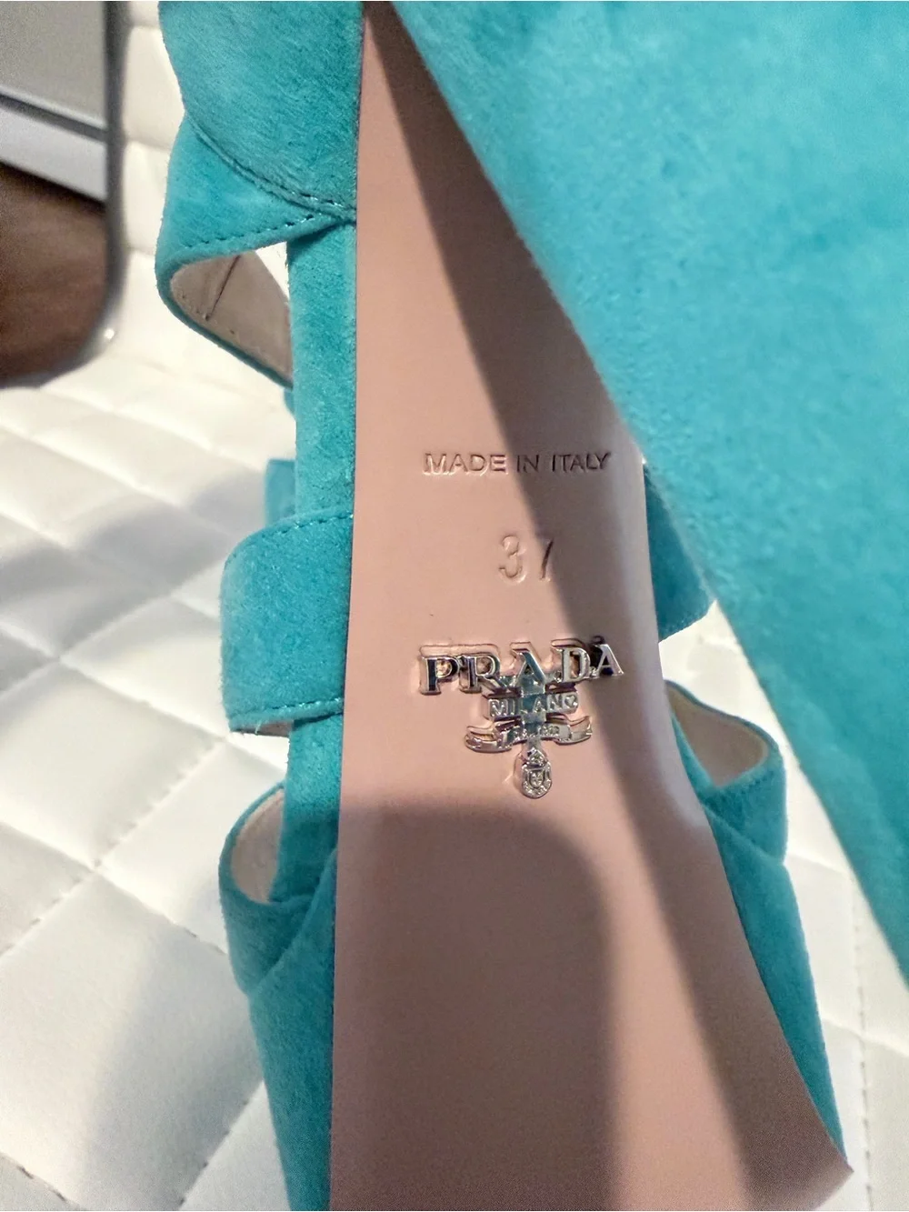 Prada Turquoise Suede Strappy Platform Heels